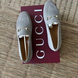 Gucci Gray Suede Loafers with Gold Detailing